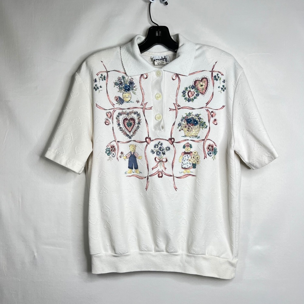 Vintage White Teddy Bear Heart Polo Shirt Womens M‎ Grandmacore Cottagecore